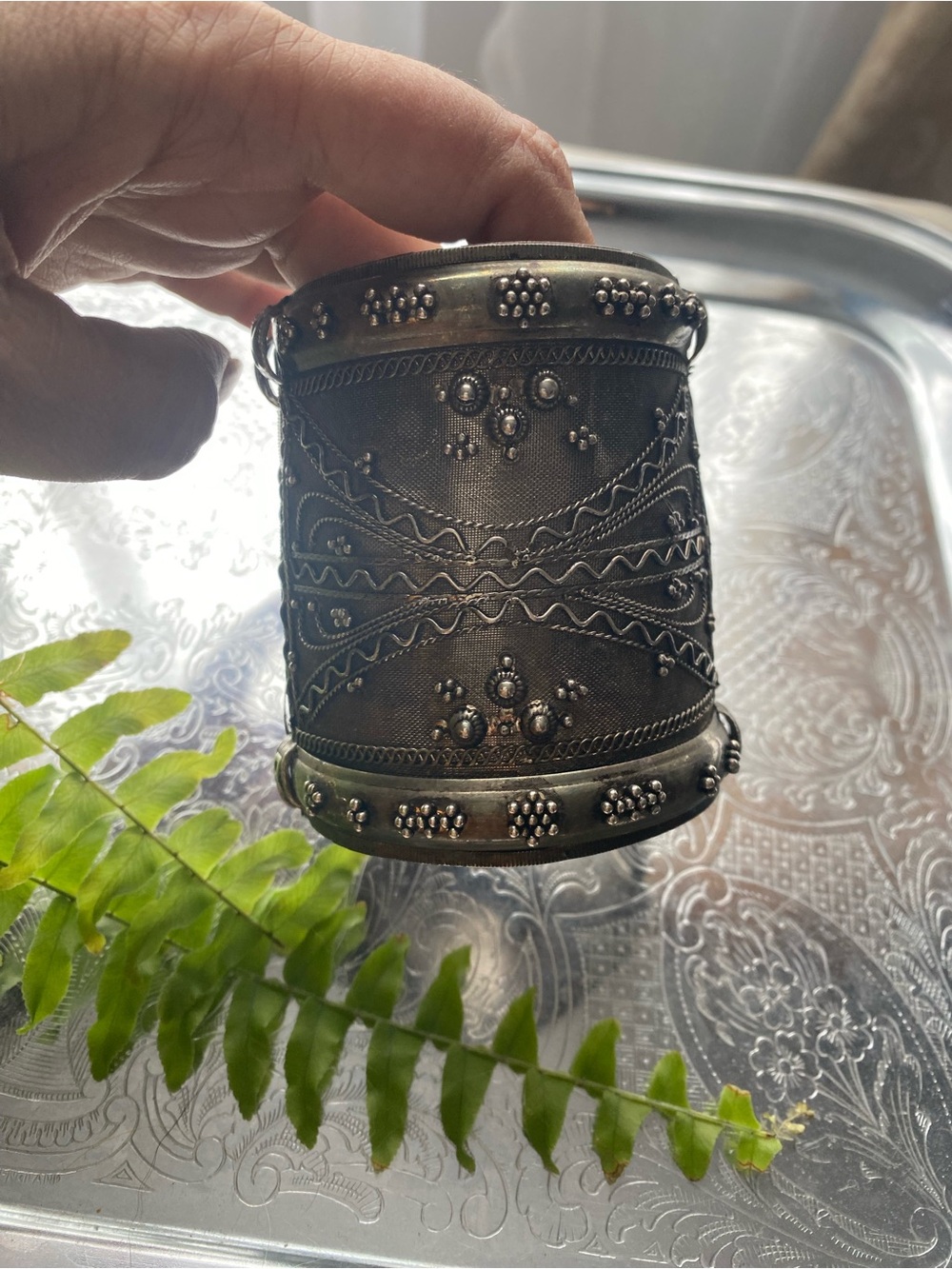 Vintage Boho Ornate Metal Decorative Cuff - Antique Silver Finish